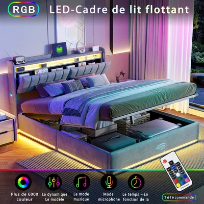 Productafbeelding van Moonbite bed met opbergruimte, 140x190 cm, fluweel, grijs – USB-aansluiting, verstelbare LED-verlichting, ruime opbergruimte onder het bed