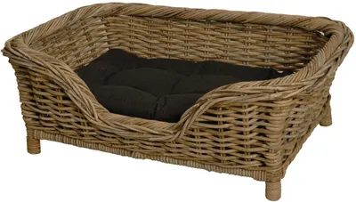Produktbild von KRINES HOME Rattan Hundekorb geflochten Hundebett Rattan Grau Korb Hund Hundecouch hoch mit Kissen (Naturmaterial Grau)
