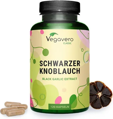 Produktbild von Vegavero Schwarzer Knoblauch | 120 Kapseln | geruchs- und geschmacksneutral | 15:1 Extrakt | 0,2% S-Allylcystein | vegan