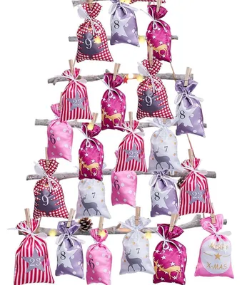 Immagine prodotto di Calendario dell'Avvento da riempire, grande, 12x21,5 cm, con 24 sacchetti di tessuto, catena rossa