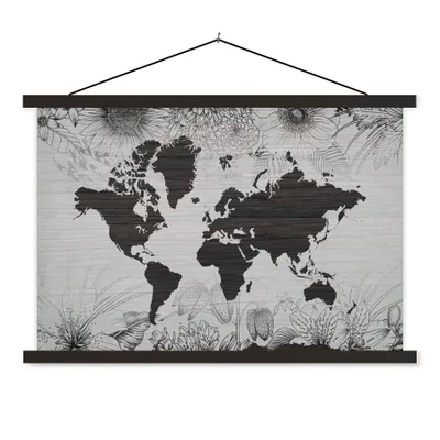 Produktbild von MuchoWow® Textilposter Weltkarte - Pflanzen - Blumen 90x60 cm mit schwarzem Rahmen - Aufhängungssatz