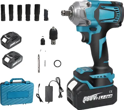 A collection of tools and accessories for a cordless impact wrench, laid out on a white background.