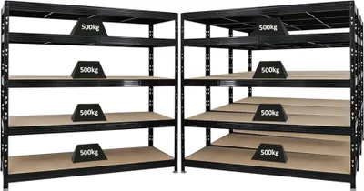 Produktbild von Mega Deal | 4x Profi Schwerlastregal Rhino | HxBxT 180x200x60cm | 5 Spanplatten-Ebenen 8mm | Fachlast 500kg | Schwarz