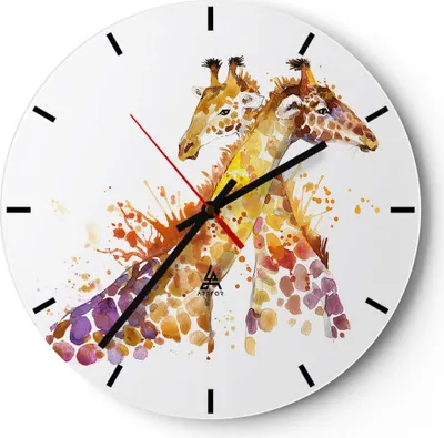 Produktbild von Wanduhr - Rund - Glasuhr - Giraffen Tiere Kinder Safari - 30x30cm - Schleichendes Uhrwerk - Lautlos - zum Aufhängen bereit - Dekoration Modern - Wanddekoration aus Glas - C3AR30x30-2883