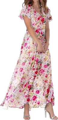 Produktbild von ASKSA Damen Sommerkleid Blumendruck Lang Ruesche Kurzarm V Ausschnitt Strandkleider Boho Beach Midikleid Freizeitkleid (Rosa,XL)