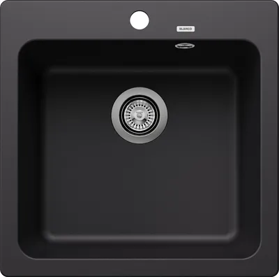 A top-down view of a black kitchen sink.