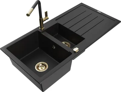 Produktbild von Mexen Andres 1,5-Becken-Granitspüle mit Abtropffläche und Mischbatterie Flora, Schwarz - 6515-77-670401-57-G