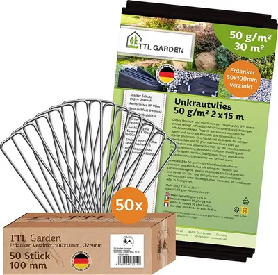 Produktbild von TTL GARDEN Unkrautvlies 30m² 2x15m + 50 Erdanker verzinkt 50g/m²