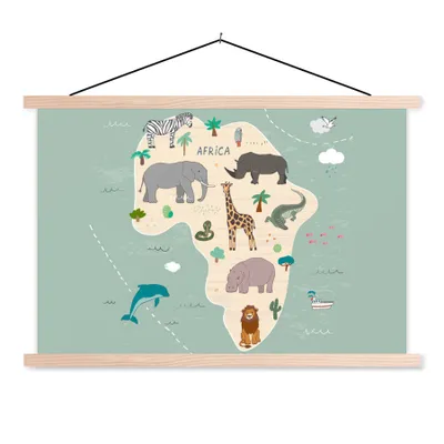 Obrázek produktu pro MuchoWow® Textilní plakát - Mapa světa pro děti - Zvířata - Afrika - Chlapci - Modrá - Děti - 60x40cm - S hnědými lamelami