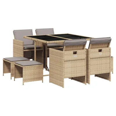 Produktbild von 9-tlg. Garten-Essgruppe mit Kissen Beigemischung Poly Rattan