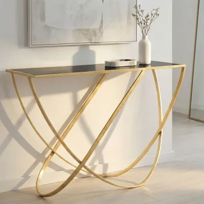 Produktbild von Ring Glam Konsolentisch in Schwarz und Gold - Dekorativer Tisch aus Eisen, MDF und Glas, 120 x 40 x 79 cm - Style Collection Parent SKU 940