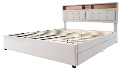 Produktbild von Doppelbett mit 4 Schubladen und USB-C-Anschluss,Polsterbett 160 x 200 cm,höhenverstellbares Kopfteil,Lattenrost aus Holz (ohne Matratze)