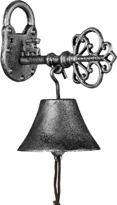 Immagine prodotto di Campanello da porta Relaxdays in ghisa, design antico, campanello da giardino a forma di chiave, con cordicella, campanello da esterno, nero/argento