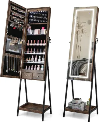 Imagen del producto de Espejo de tocador con espacio de almacenamiento, armario espejo con cerradura, espejo de cuerpo entero, 3 luces LED de diferentes colores y 2 cajones. Organizador de joyas independiente para dormitorio o salón (color marrón)