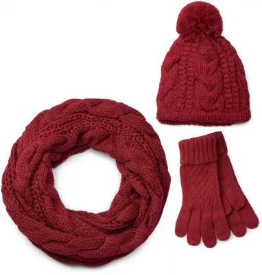 Produktbild von styleBREAKER Schal, Mütze und Handschuh Set, Zopfmuster Strickschal mit Bommelmütze und Handschuhe, Damen 01018208