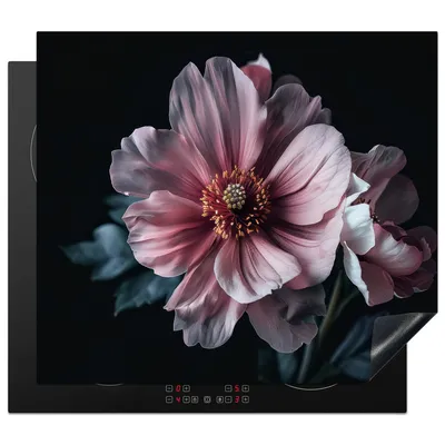 Produktbild von KitchenYeah© Herdabdeckplatte Blume - Rosa - Botanisch - Schwarz - Stillleben - Natur , 57x51cm, Küche Deko, Glaskeramikkochfeld Herdabdeckung, Abdeckplatte fùr Kochfeld