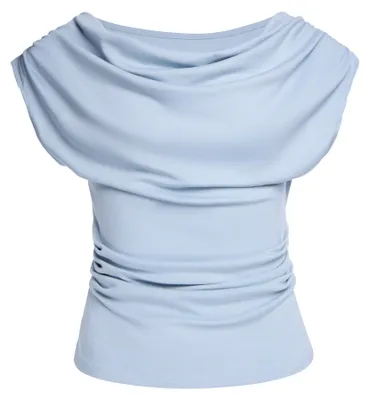 Produktbild von Blaue Viskose-Bluse für Damen, Größe XS, mit drapiertem Wasserfallausschnitt