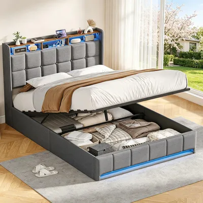 Produktbild von INONEFT Boxspringbetten 140x200 mit LED und USB/C, Polsterbett mit hydraulischem Stauraum und Lattenrost,Doppelbett Bettgestell, Leinen, Grau