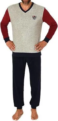 Produktbild von Eleganter Herren Frottee Pyjama, Schlafanzug mit V-Hals & Bündchen bis Gr. 62 ; rot1 , 58