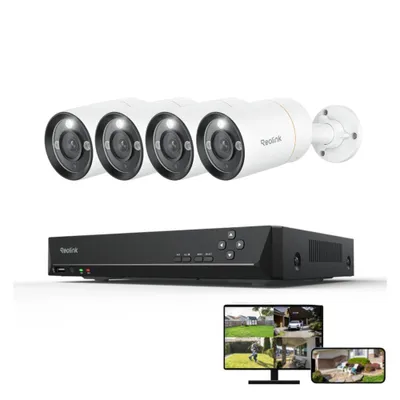 A set of surveillance cameras and a DVR unit are displayed against a white background, with smaller screens showing live feeds.
