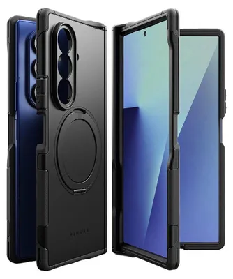 A collage of two phone cases, one black and one blue, with a phone screen visible in one of the cases.
