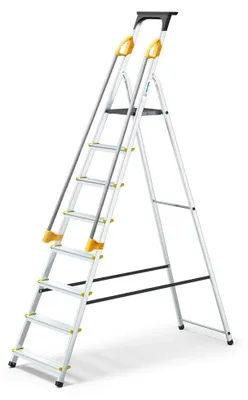 Klappleiter 8 Stufen mit Sicherheitsgeländern, Werkzeugablage, Aluminium