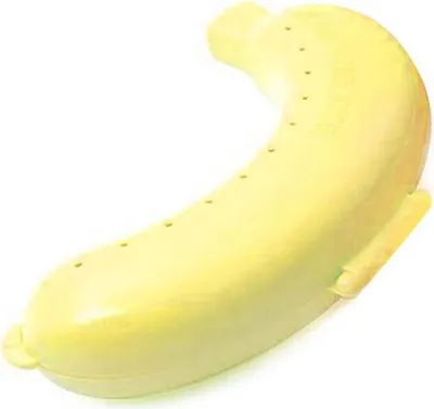 A yellow banana-shaped storage box with small holes on its surface, shown against a white background.