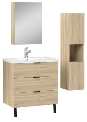 Image de Acezanble Ensemble Meuble salle de Bain Chêne Suspendu avec Vasque, 79cm, 3 Tiroirs + miroir de rangement + colonne 131.5cm