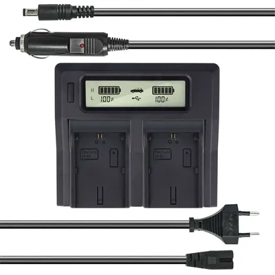 Produktbild von Dual Akku-Ladegerät kompatibel mit Canon LP-E6, LP-E6NH, LP-E6P - mit USB-Anschluss, LCD-Display und Kfz-Ladekabel - Schnellladegerät