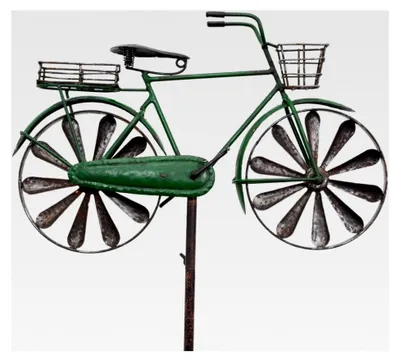 Produktbild von Metall Gartenstecker mit Windrad - Fahrrad - Motivmaße: 36 x 25 cm - Höhe: 130 cm - wetterfest - mit Antik-Effekt – Gartendekoration
