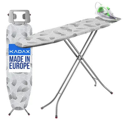 A folded and an unfolded ironing board with an iron on top, presented against a white background.