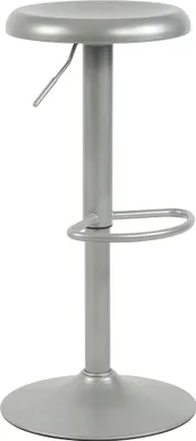 A silver adjustable bar stool is shown against a white background.
