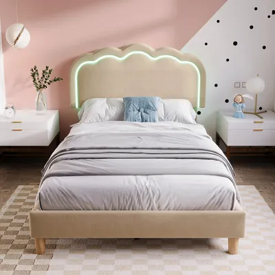 Image de OKWISH Lit simple 90x200 cm - Lit capitonné avec tête de lit LED réglable - Lin - Beige