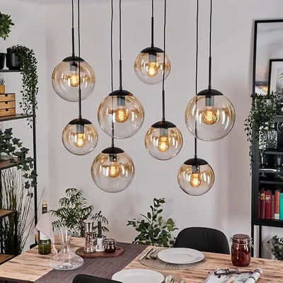 Immagine prodotto di Lampada a sospensione Gastor, lampada a 8 luci in metallo/vetro, finitura nera/ambra/trasparente, lampada a sospensione moderna in stile retrò/vintage (paralumi diametro 20 cm; altezza 25 cm), attacco E27, ideale per sala da pranzo, cucina, soggiorno
