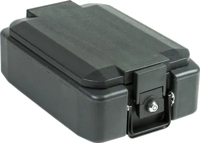 A black plastic document box with a lock and handle.