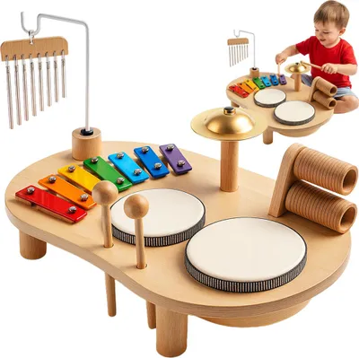 Zdjęcie produktu dla Drewniany stolik muzyczny Kruzzel dla dzieci Ksylofon, cymbałki i grzechotki inspirowane metodą Montessori Gładkie krawędzie w naturalnym kolorze Zabawka edukacyjna od 3 lat