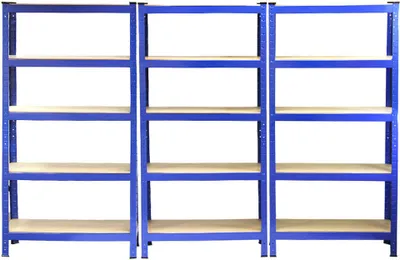 Immagine prodotto di Offerta speciale Monster Racking: 3 scaffali T-Rax - Scaffali ad alta resistenza, scaffali per carichi pesanti, scaffali da magazzino, scaffali da garage, scaffali in acciaio, scaffali industriali, scaffali da officina, scaffali a incastro, scaffali in metallo, 100% senza viti, blu, 75 cm x 30 cm x 150 cm + martello di gomma in omaggio