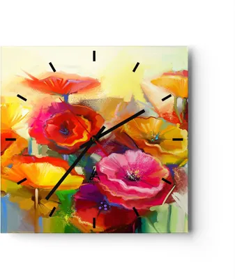 Produktbild von Wanduhr - Quadrat - Glasuhr - Blumen Frühling Flora Garten - 30x30cm - Schleichendes Uhrwerk - Lautlos - zum Aufhängen bereit - Dekoration Modern - Wanddekoration aus Glas - C3AC30x30-2877