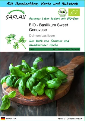 Produktbild von SAFLAX - Geschenk Set - BIO - Basilikum Sweet Genovese - 800 Samen - Mit Geschenk- / Versandbox, Versandaufkleber, Geschenkkarte und Anzuchtsubstrat - Ocimum basilicum