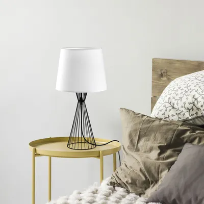 Produktbild von Opviq, Hochwertige Tischlampe, Metallkörper, Schwarz und Weiß, 28 x 28 x 55 cm | Stoffschirm Ø22-28 h:22 cm | E27 Fassung, max. 40 W, IP20 | Modernes, industrielles Design für jeden Raum.