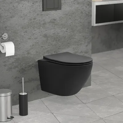 Zdjęcie produktu dla LuxeBath bezramkowa wisząca toaleta krótka 49 cm, czarny mat, toaleta ze zdejmowaną deską sedesową wykonaną z Duroplastu z mechanizmem miękkiego zamykania, wykonana z ceramiki sanitarnej