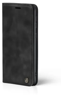 A black flip cover case for a smartphone, shown from the side.