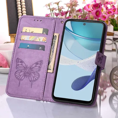 Produktbild von Lederhülle für Motorola Moto G53 / G23 / G13 Schmetterling Prägung Flip Ledertasche Kartenfächer Handyhülle mit Ständer Violett