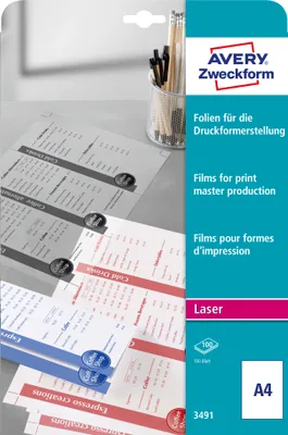 Produktbild von Avery Zweckform 3491, Laserfolien für die Druckformerstellung, A4, einseitig beschichtet, 100 Bogen