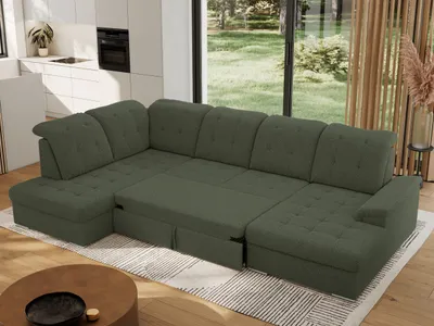 Produktbild von MKS MEBLE Ecksofa Wohnlandschaft U-Form, Sofa mit Schlaffunktion, Schlafsofa mit bettkasten, Couch mit Schlaffunktion - Grün Boucle - Madrito U - links