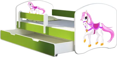 Produktbild von ACMA Jugendbett Kinderbett Junior-Bett Komplett-Set mit Matratze Lattenrost und Rausfallschutz Grün 43 Kleines Pferd 180x80 + Bettkasten