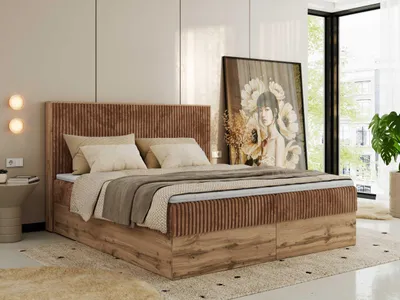 Produktbild von MKS MEBLE Boxspringbett WOOD CLASSIC, Komplett Set mit Multipocket-Matratze und Topper T25, Doppelbett für Schlafzimmer, hohe Kopfteil - 140 x 200 cm - H3 - Orange Cord