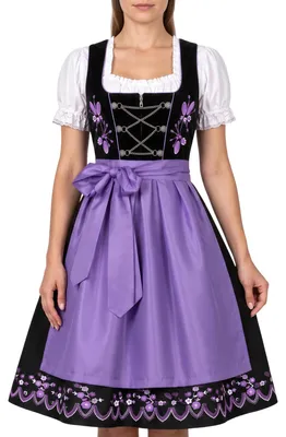 Zdjęcie produktu dla Kompletny strój ludowy "Dirndl" składający się z trzech elementów: sukienki "Dirndl", bluzki i fartucha. Rozmiar: 42. Kolor: fioletowy