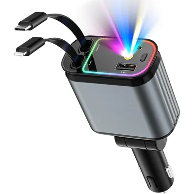 Produktbild von 120W Einziehbares Auto Ladegerät,4-fach USB/Typ-C/Lightning,6A,12V-24V mit RGB Beleuchtung, Universal für Auto & Lkw, mit ausziehbarem Kabel