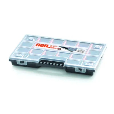 A clear studio shot of a multi-compartment organizer box.